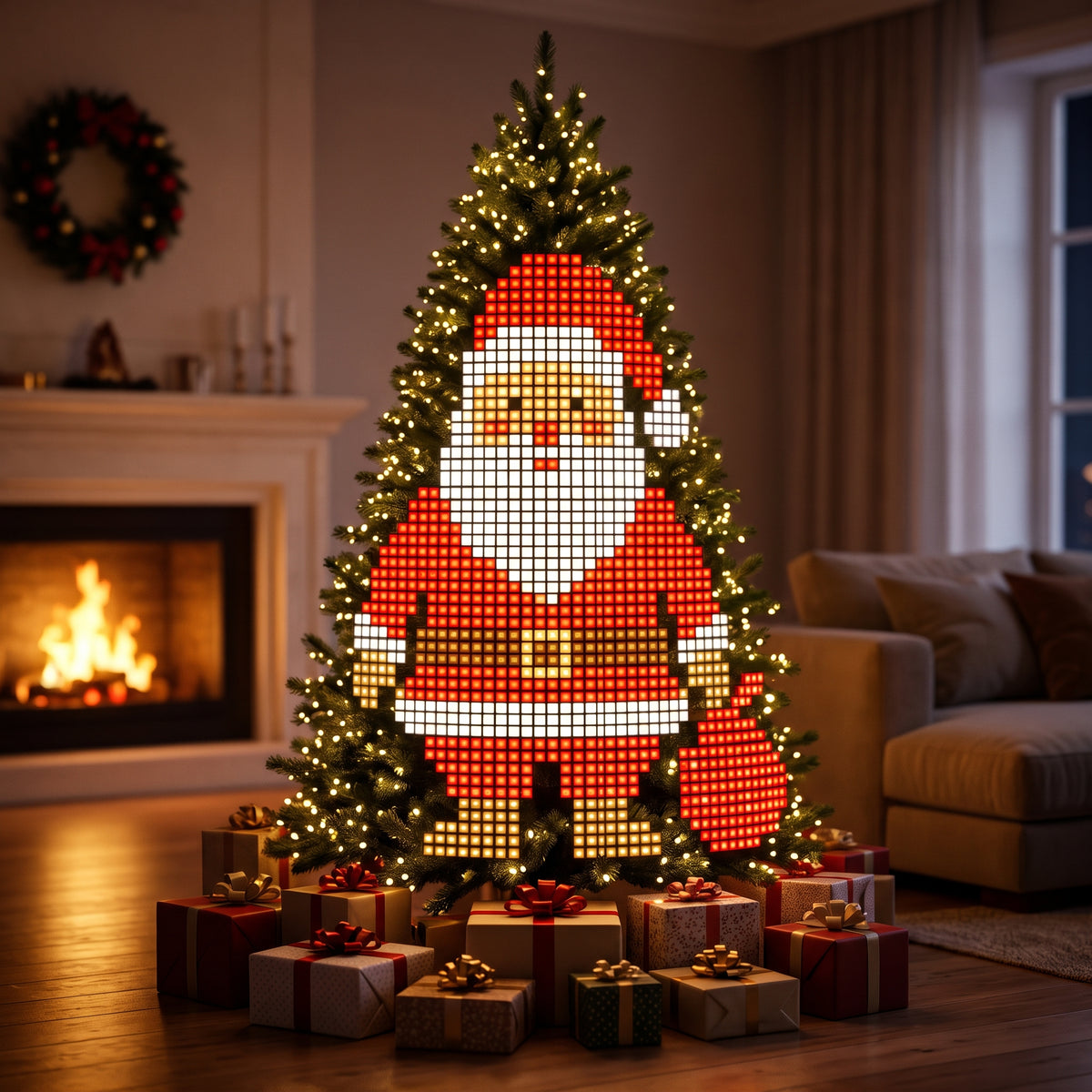 Albero di Natale con luci LED smart che formano un Babbo Natale in salotto