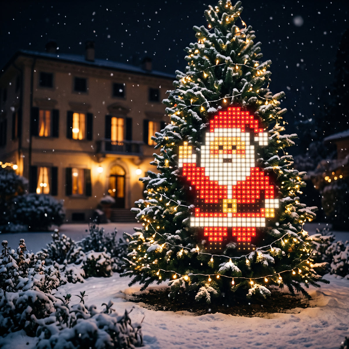 Albero da giardino con luci LED smart sotto la neve