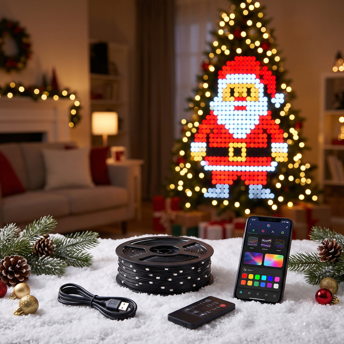 Kit luci LED smart per albero con cavo, telecomando e app