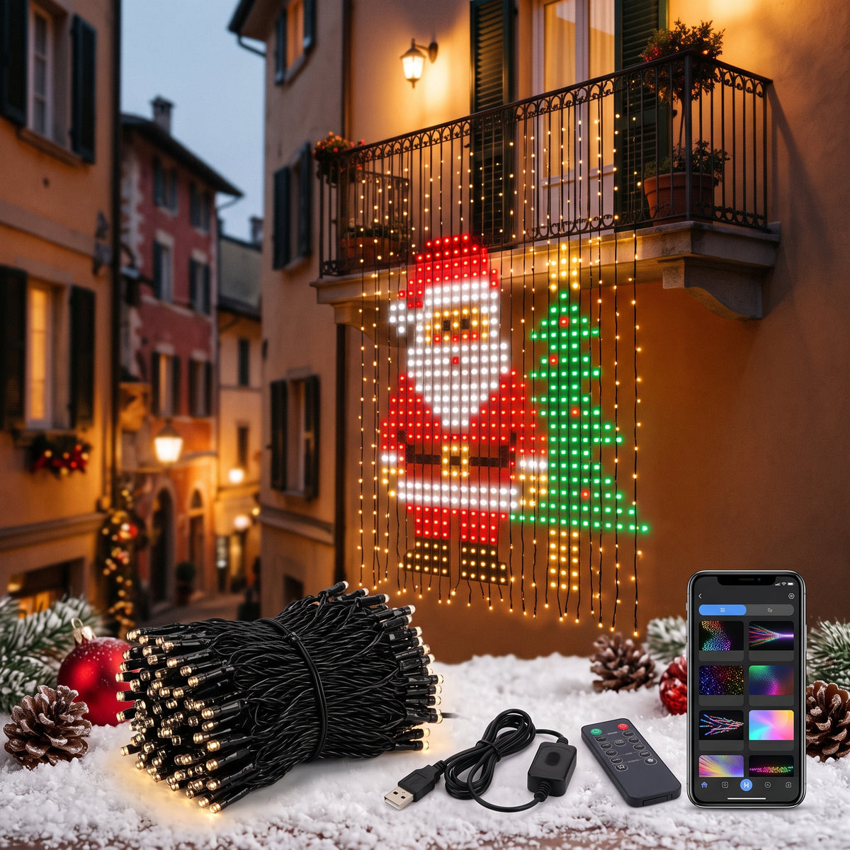 Kit LED con controller, telecomando e app davanti a un balcone illuminato
