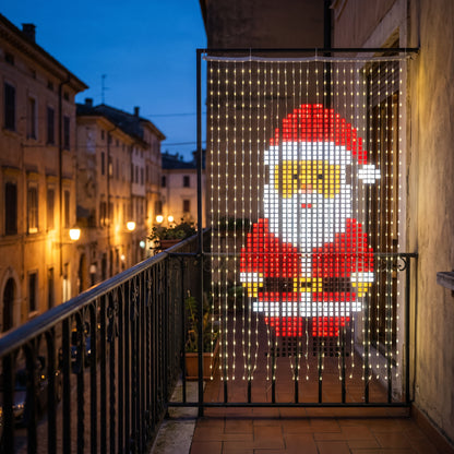 Tenda LED animata Noelume sul balcone con Babbo Natale luminoso