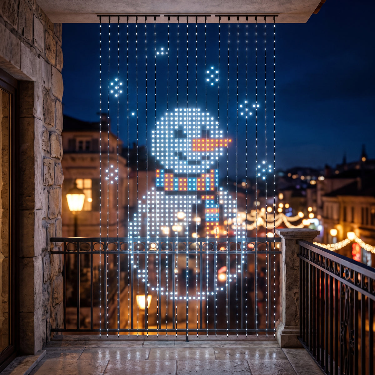 Tenda LED animata con pupazzo di neve e fiocchi sul balcone