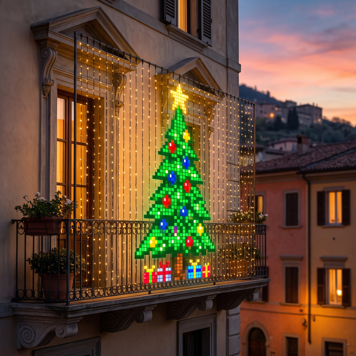 Tenda LED animata con albero di Natale e regali sul balcone