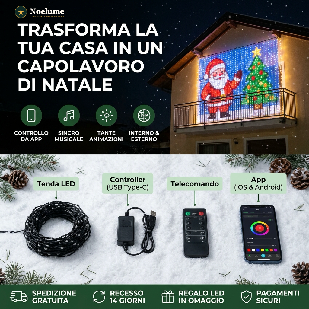 Tenda LED Noelume: controllo da app, sincro musicale, tante animazioni, interno ed esterno, con controller, telecomando e app
