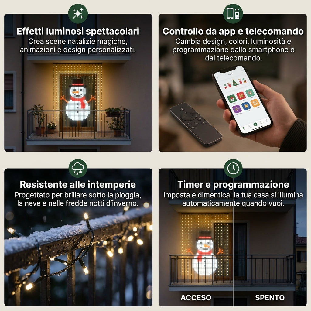 Funzioni: effetti luminosi, controllo da app e telecomando, resistente alle intemperie, timer e programmazione