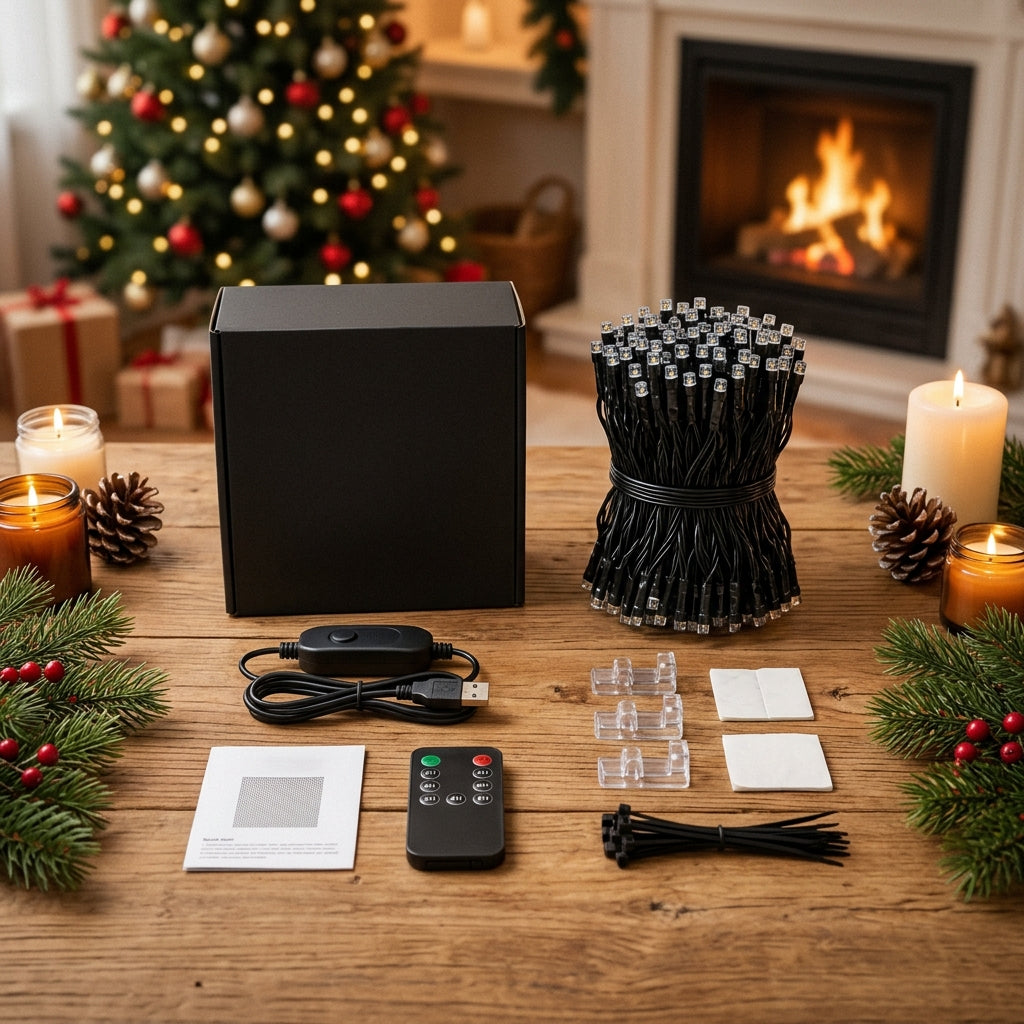 Contenuto del kit: tenda LED, controller USB, telecomando, guida rapida, clip, adesivi e fascette