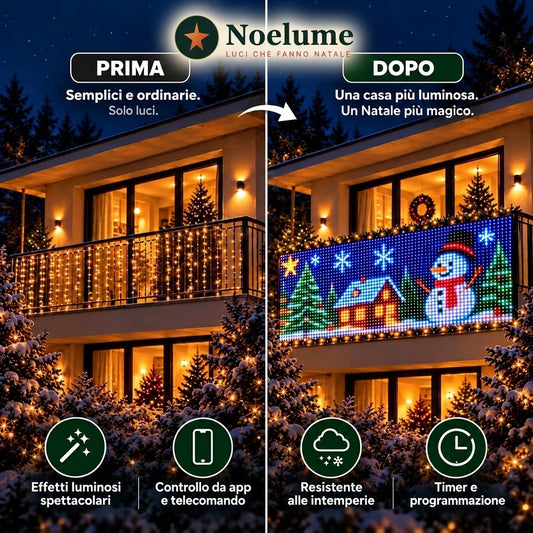 Tenda LED Noelume: prima e dopo, effetti luminosi, controllo da app, resistente alle intemperie, timer