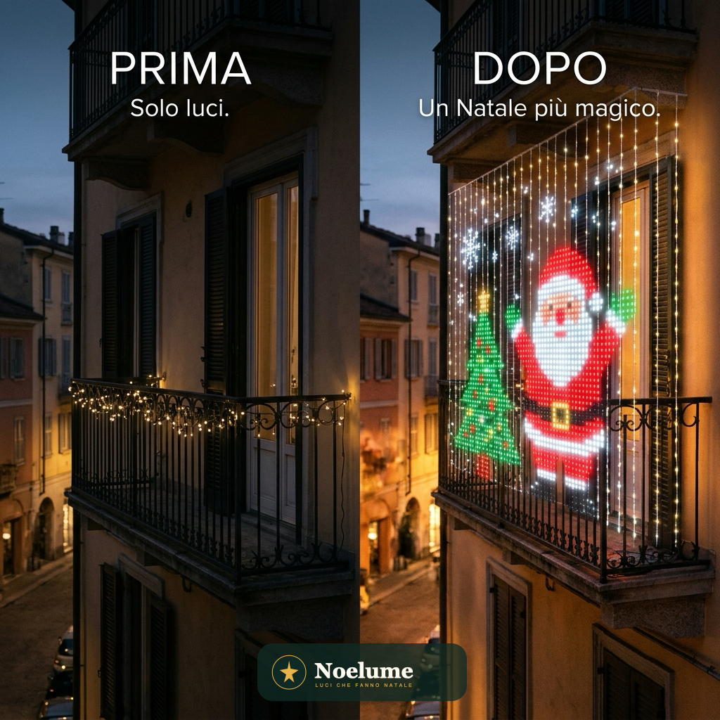 Prima e dopo: balcone con lucine semplici e con la tenda LED animata Noelume