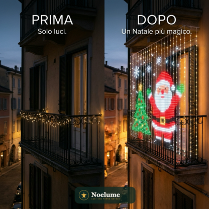Prima e dopo: balcone con lucine semplici e con la tenda LED animata Noelume